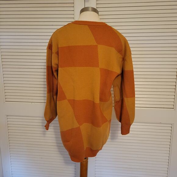Oversized Checkered Knit Sweater Orange Yellow Lalavon Size Large - Picture 4 of 8